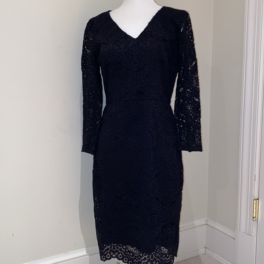 NWT LOFT black lace v-neck 3/4 sheer sleeve dress Sz 4